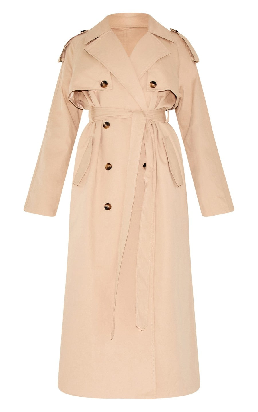 Beige Belted Double Breasted Trench Coat