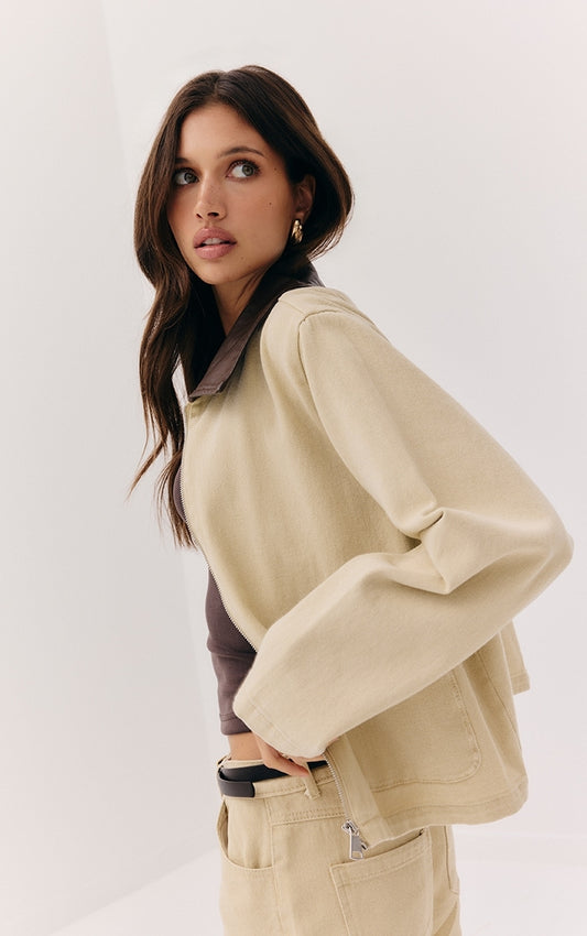 Beige Brown Collar Denim Jacket