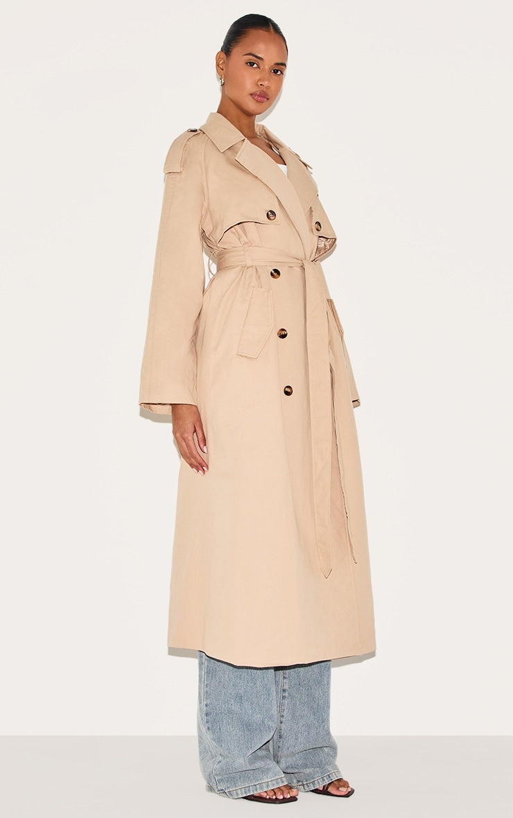 Beige Belted Double Breasted Trench Coat