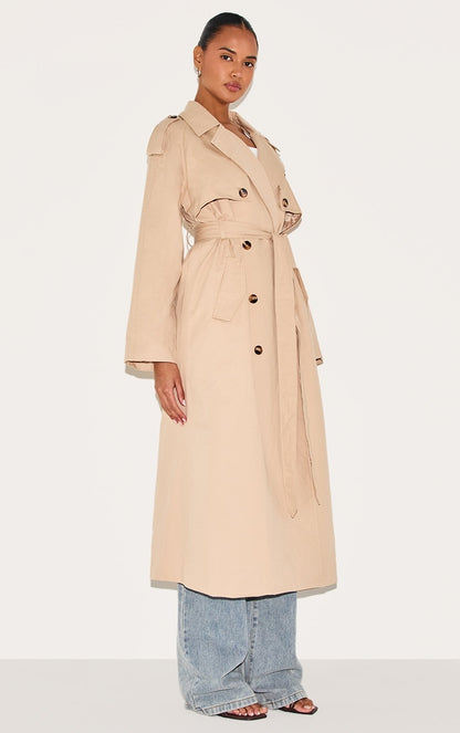 Beige Belted Double Breasted Trench Coat