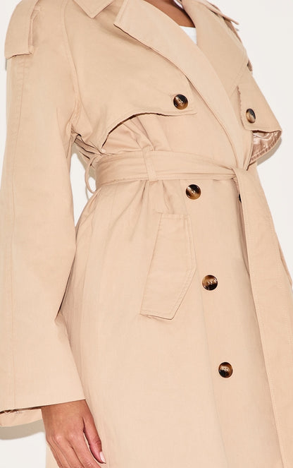 Beige Belted Double Breasted Trench Coat