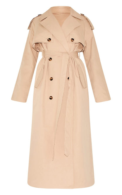 Beige Belted Double Breasted Trench Coat