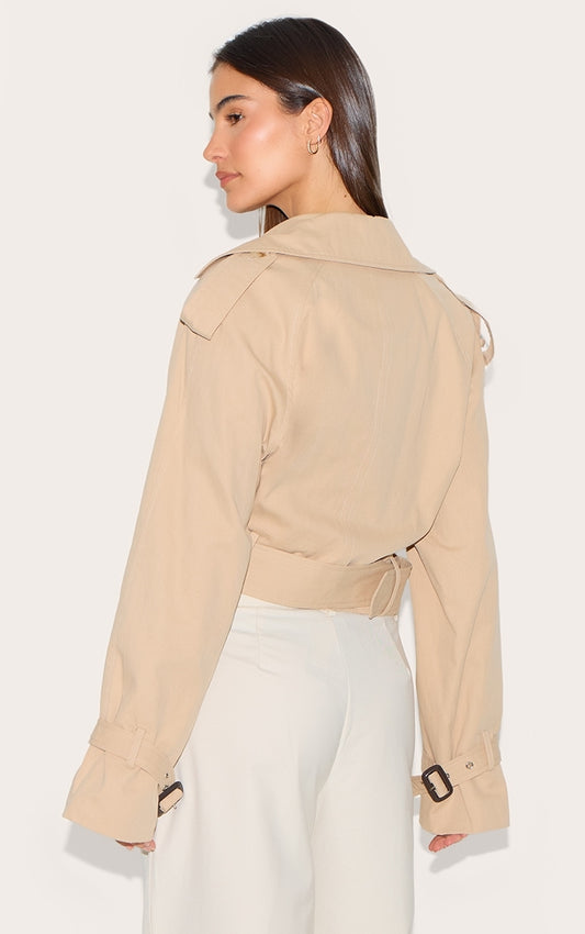 Beige Cropped Belted Hem Trench Coat