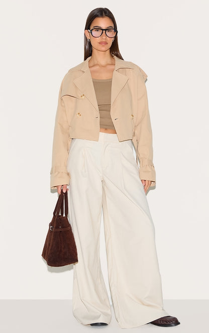 Beige Cropped Belted Hem Trench Coat