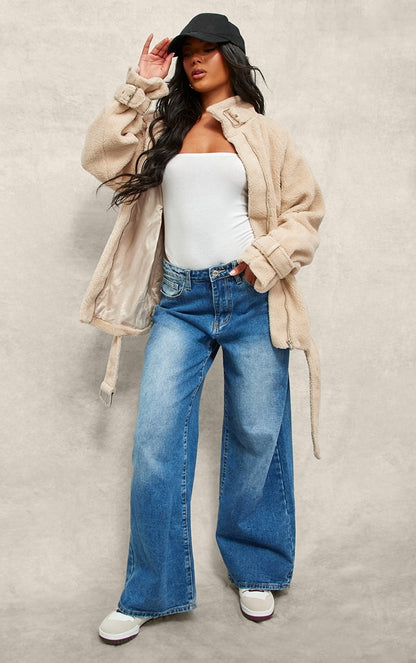 Beige Borg Slouchy Belted Hem Jacket