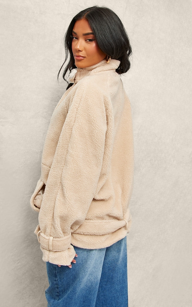 Beige Borg Slouchy Belted Hem Jacket