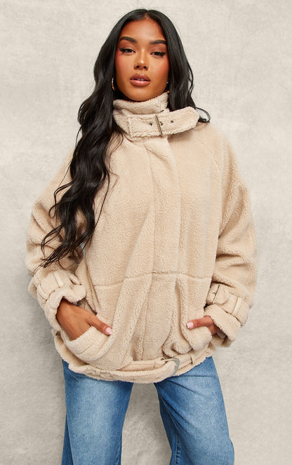 Beige Borg Slouchy Belted Hem Jacket