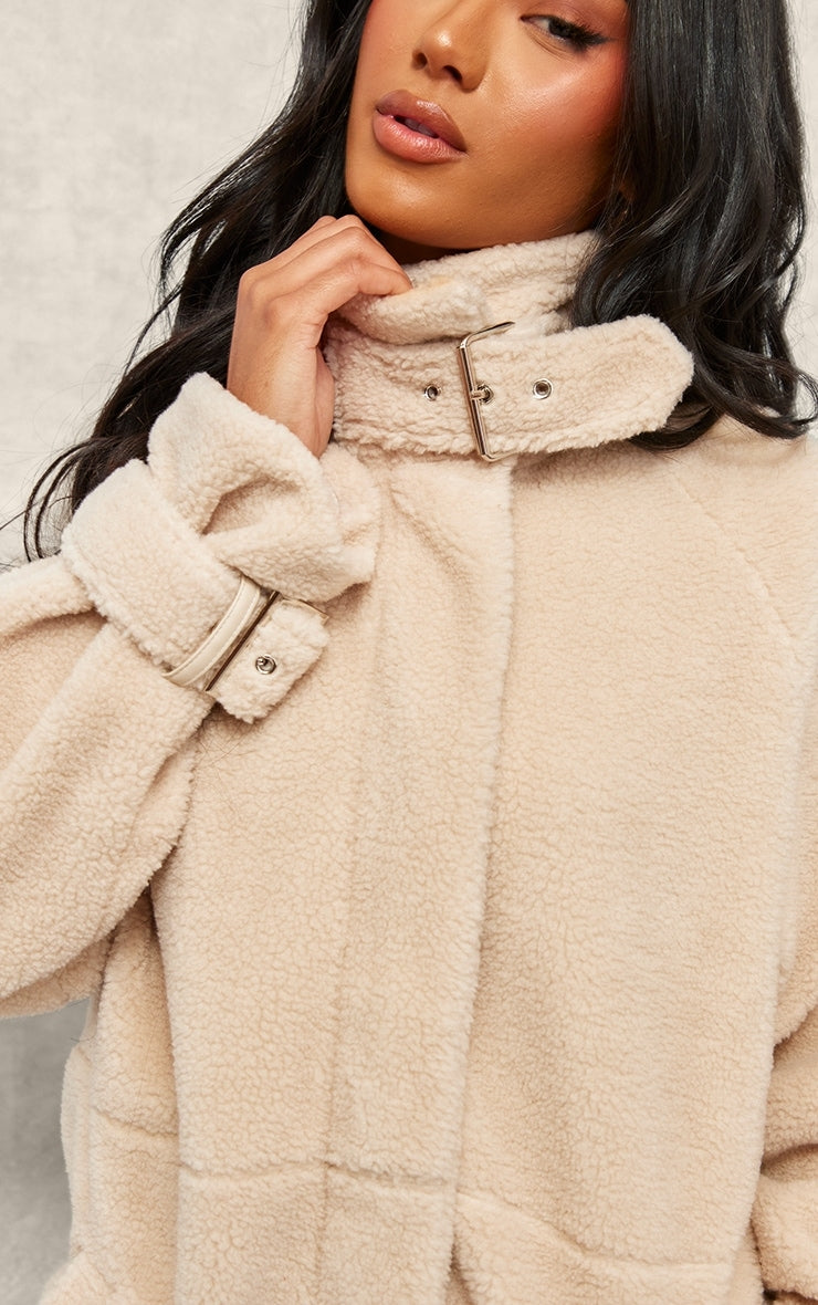 Beige Borg Slouchy Belted Hem Jacket