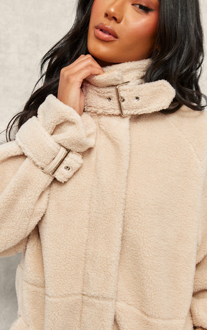 Beige Borg Slouchy Belted Hem Jacket