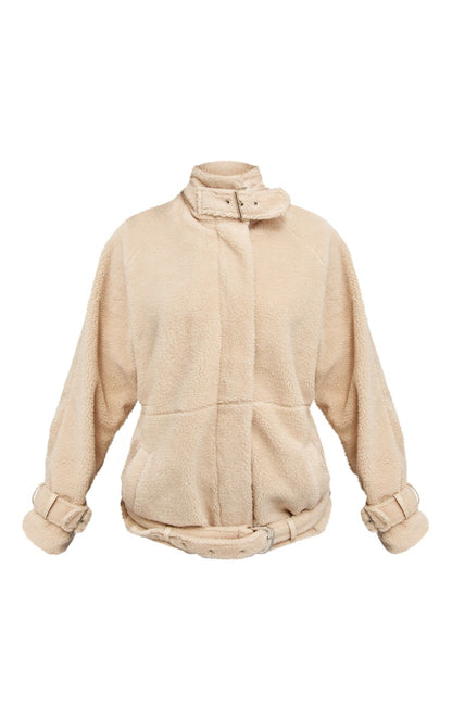 Beige Borg Slouchy Belted Hem Jacket