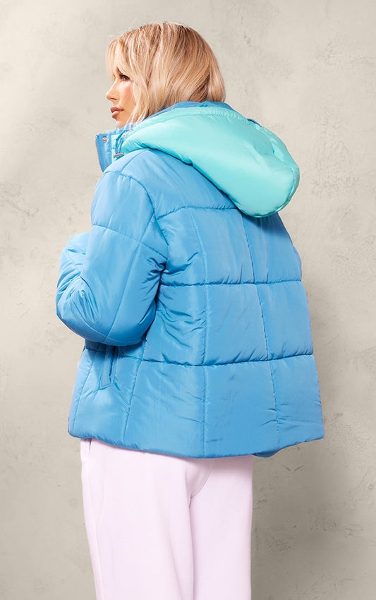 Aqua Contrast Hood Puffer Jacket