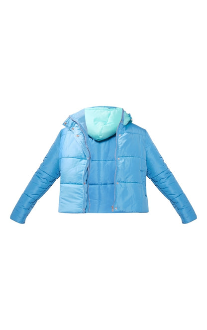 Aqua Contrast Hood Puffer Jacket