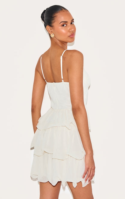 Almond Chiffon Pleat Cup Detail Frill Shift Dress