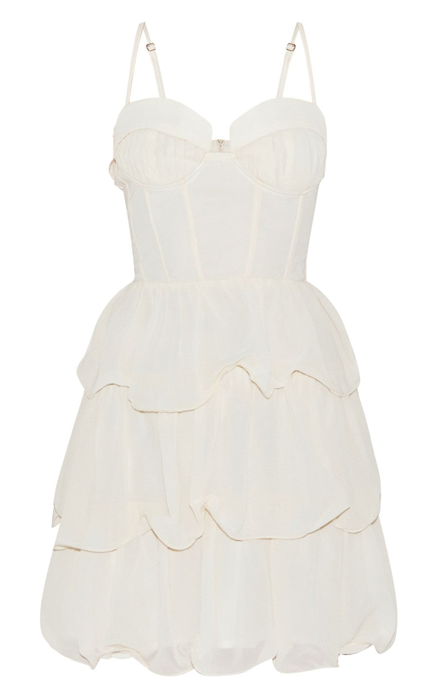 Almond Chiffon Pleat Cup Detail Frill Shift Dress