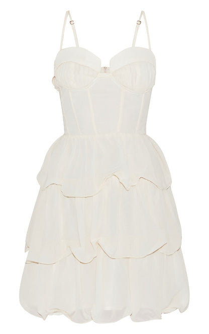 Almond Chiffon Pleat Cup Detail Frill Shift Dress