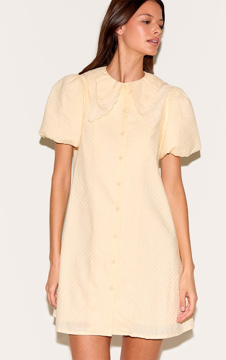 Almond Embroidered Cotton Lace Trim Puff Sleeve Shirt Dress