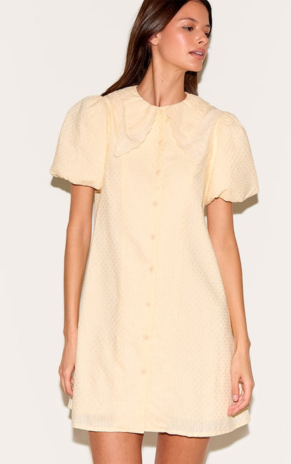 Almond Embroidered Cotton Lace Trim Puff Sleeve Shirt Dress