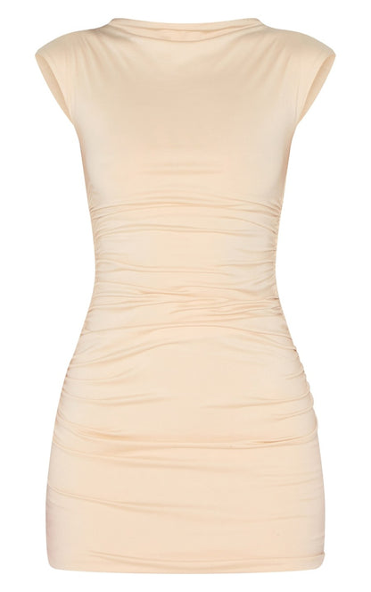 Almond Double Contour Boat Neck Ruched Bodycon Dress