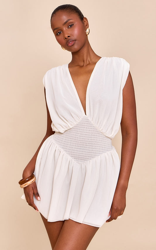 Almond Chiffon Shirred Mini Dress