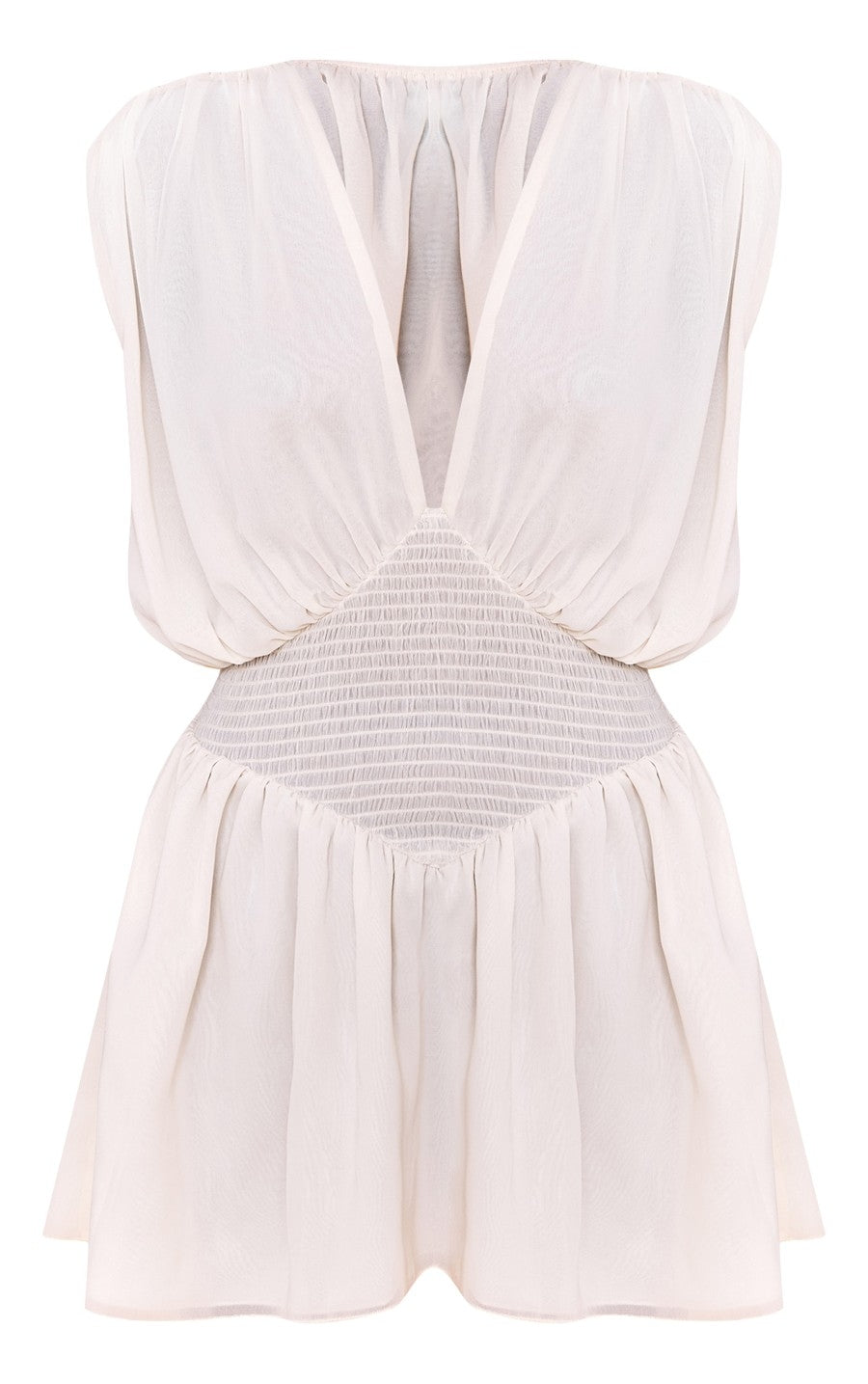 Almond Chiffon Shirred Mini Dress