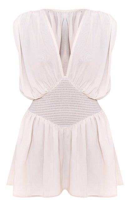 Almond Chiffon Shirred Mini Dress