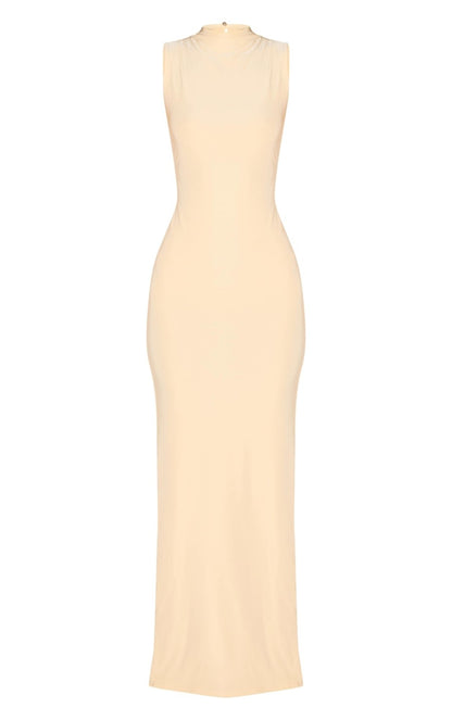 Almond Double Layer High Neck Sleeveless Maxi Dress
