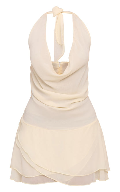 Almond Chiffon Cowl Neck Ruched Scarf Detail Mini Dress